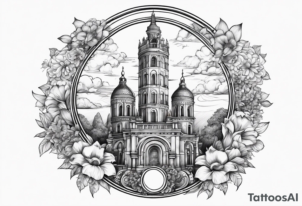 heaven town with tower
in circle vignette surrounded by clouds flowers tattoo idea