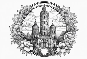 heaven town with tower
 in circle vignette surrounded by clouds flowers tattoo idea