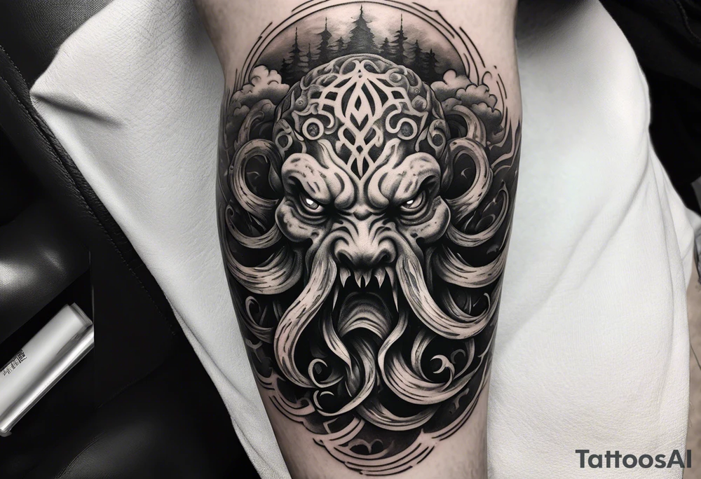 Cthulhu face surrounded by storm clouds with white lightning, tentacles and clouds wrapping around forearm tattoo idea