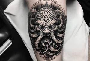 Cthulhu face surrounded by storm clouds with white lightning, tentacles and clouds wrapping around forearm tattoo idea