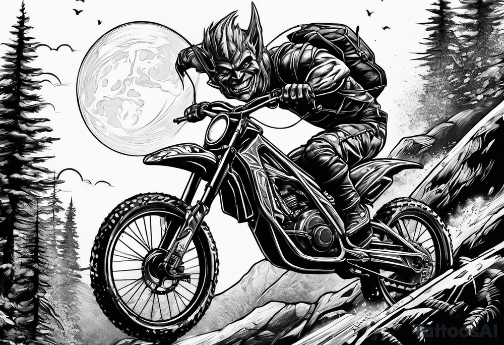 Green goblin riding a full suspension mountain bike tattoo idea
