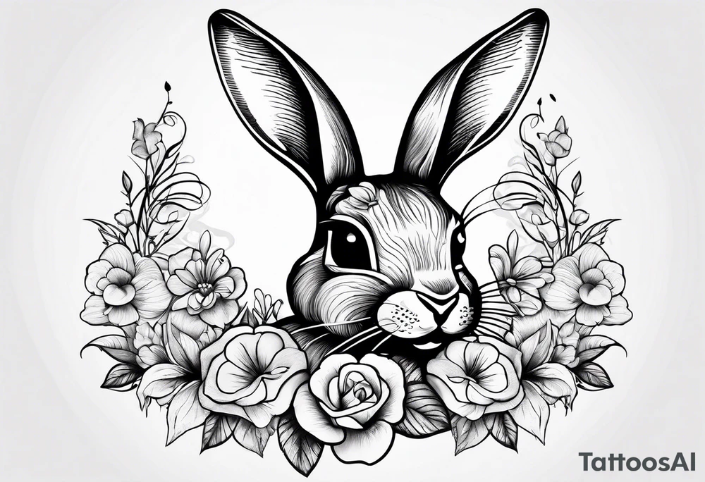 Rabbit head and flowers tattoo idea