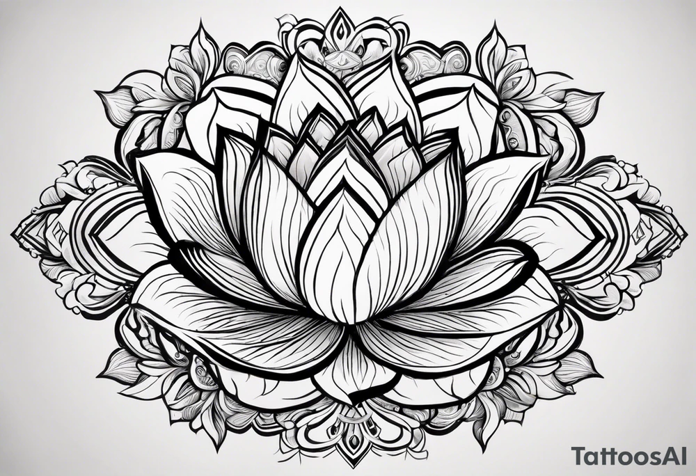 Make a strong looking combination of a  lotus flower, stone, a science helix and a Greek delta that will take up the upper left portion of my back. you will see within the lotus’s leaves should a rocky area to symbolize strength, a helix to symbolize resiliency and a Greek delta to symbolize transformation. The tattoo should overall represent resiliency and strength and present a strong, firm foundation that displays strength in the face of trauma. Make sure to also be able to identify the rock, the helix and the delta symbol separately and not mixed together tattoo idea