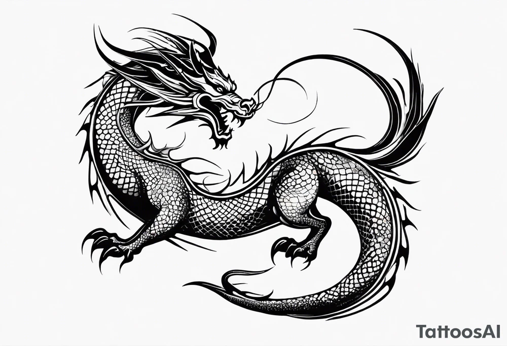 An epic floating asian dragon. Its long body coiling dynamically, with scales and horns detailed to create a sense of movement and strength. The dragon's giving a vibrant depth and a mystical aura. This tattoo highlights the dragon’s fierce expression and sharp claws. tattoo idea