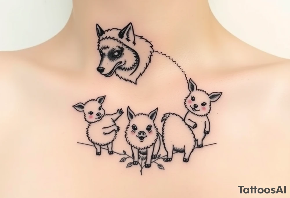 Big bad wolf in a sheep costume hunting 3 little pigs tattoo idea
