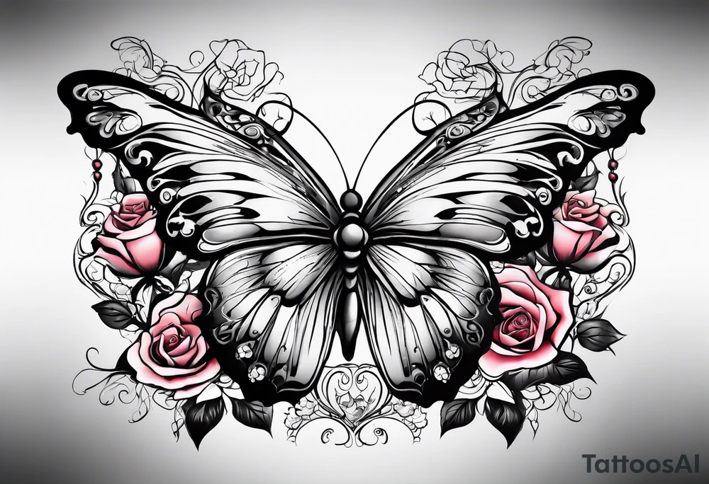 Butterfly flying with roses & filligree tattoo idea