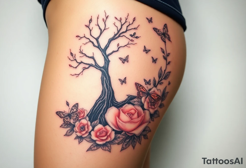 a big clock, big poisoned tree, big and small roses, big and small butterflies tattoo idea