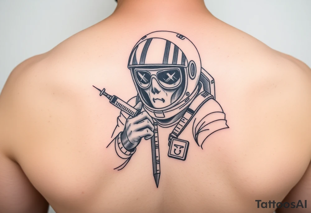A spaceman junkie with a syringe tattoo idea