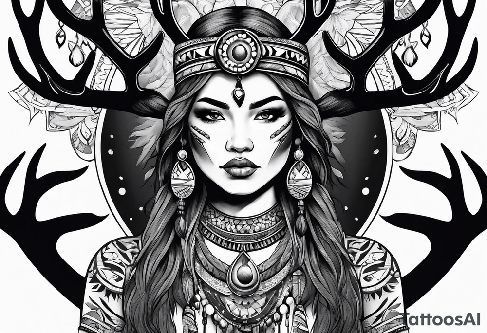 Native American woman with deer antlers tattoo idea