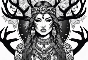 Native American woman with deer antlers tattoo idea
