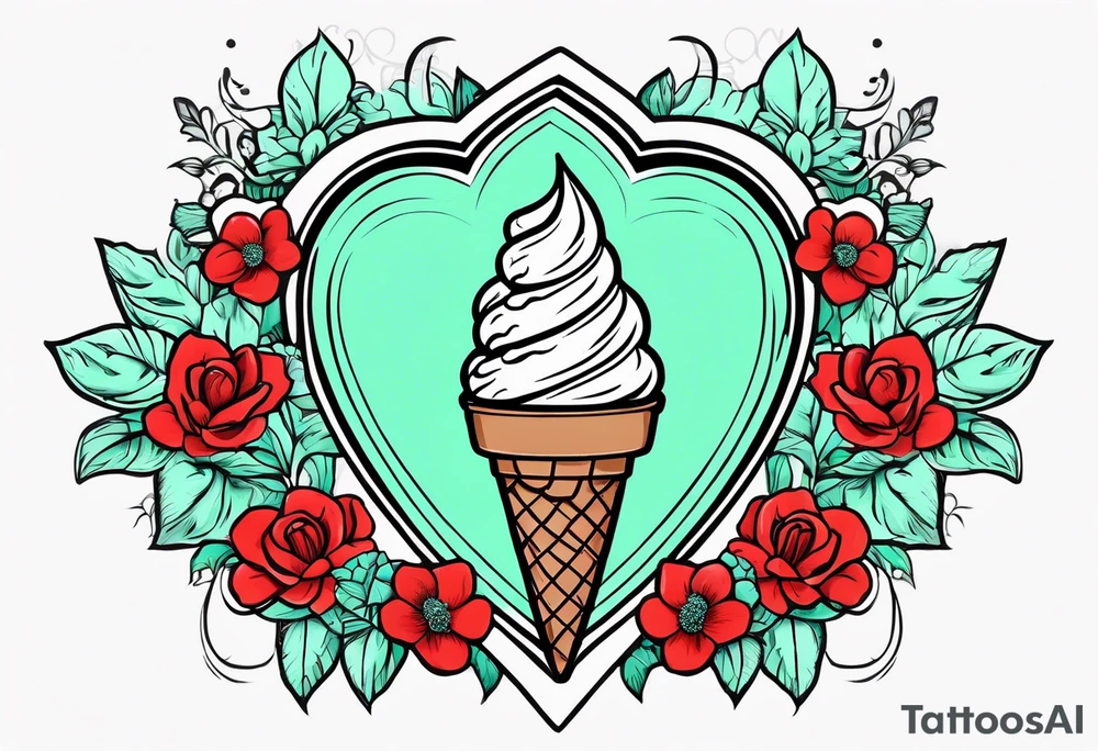 simple mint chocolate chip ice cream cone with small red heart on it somewhere. tattoo idea