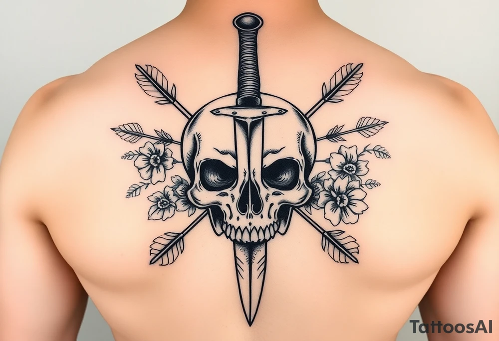 Half sleeve design. High resolution. Realistic skull with dagger through the top of it. Surrounds by arrows, flowers and leaves. Symmetrical tattoo idea