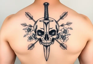 Half sleeve design. High resolution. Realistic skull with dagger through the top of it. Surrounds by arrows, flowers and leaves. Symmetrical tattoo idea