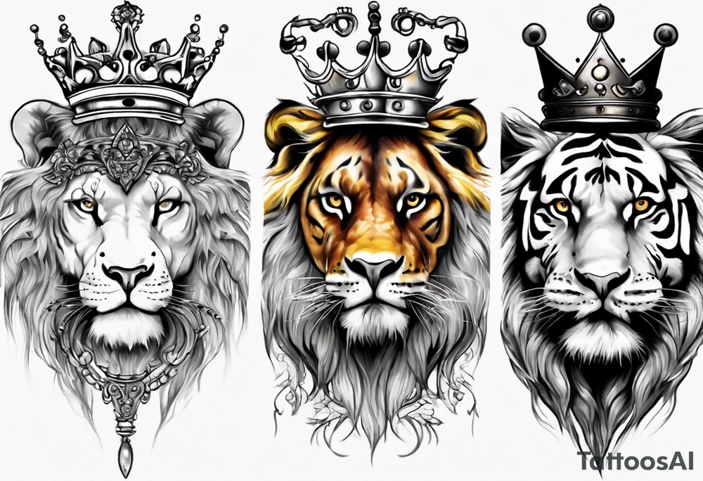 half face lion , half face tiger with a crown tattoo idea