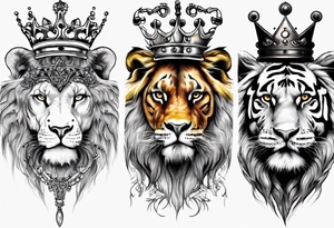 half face lion , half face tiger with a crown tattoo idea