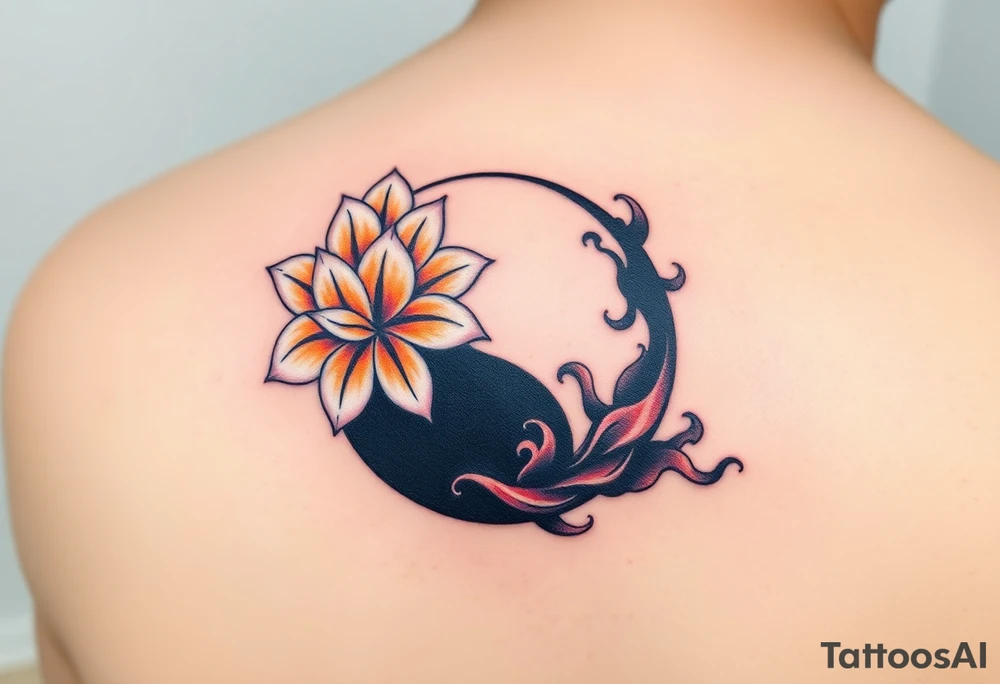 A Yin and Yang symbol, with one side filled with vibrant white lotus flowers, symbolizing peace and purity, and the other side blackened with dark, swirling smoke, symbolizing chaos and mystery. The white section radiates soft golden highlights, while the black section features dark reds and shadows tattoo idea