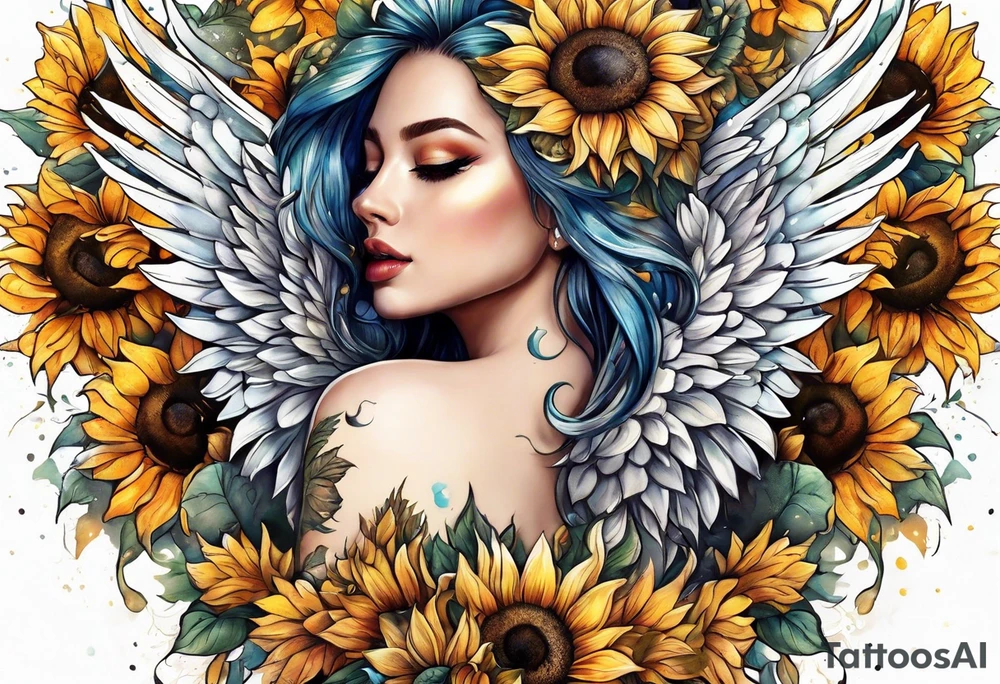Sunflowers and angel wings leg sleeve tattoo idea