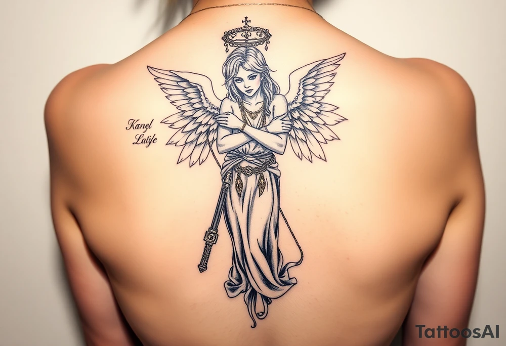 tattooed criminal-style angel statue, weapons in hand, gangster-style gold necklaces tattoo idea
