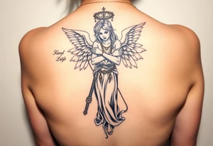 tattooed criminal-style angel statue, weapons in hand, gangster-style gold necklaces tattoo idea
