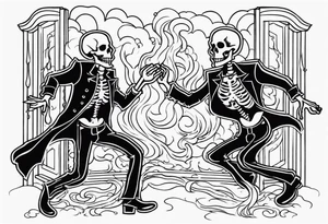 two western skeletons dancing in a burning room tattoo idea