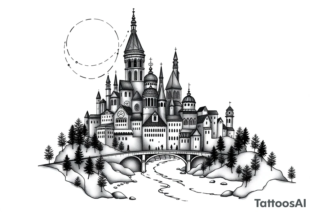 Magical city with river and bridge tattoo idea