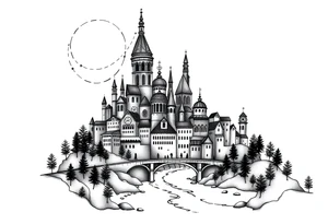 Magical city with river and bridge tattoo idea