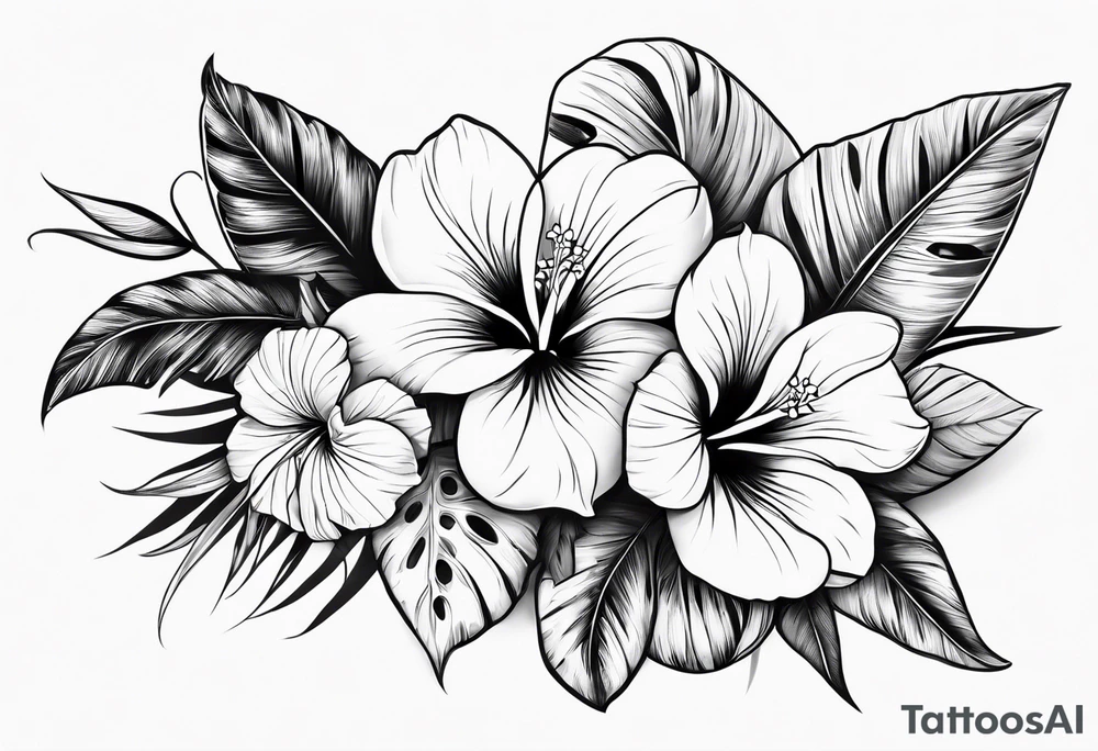 Hawaiian flowers in a straight line with words in middle tattoo idea
