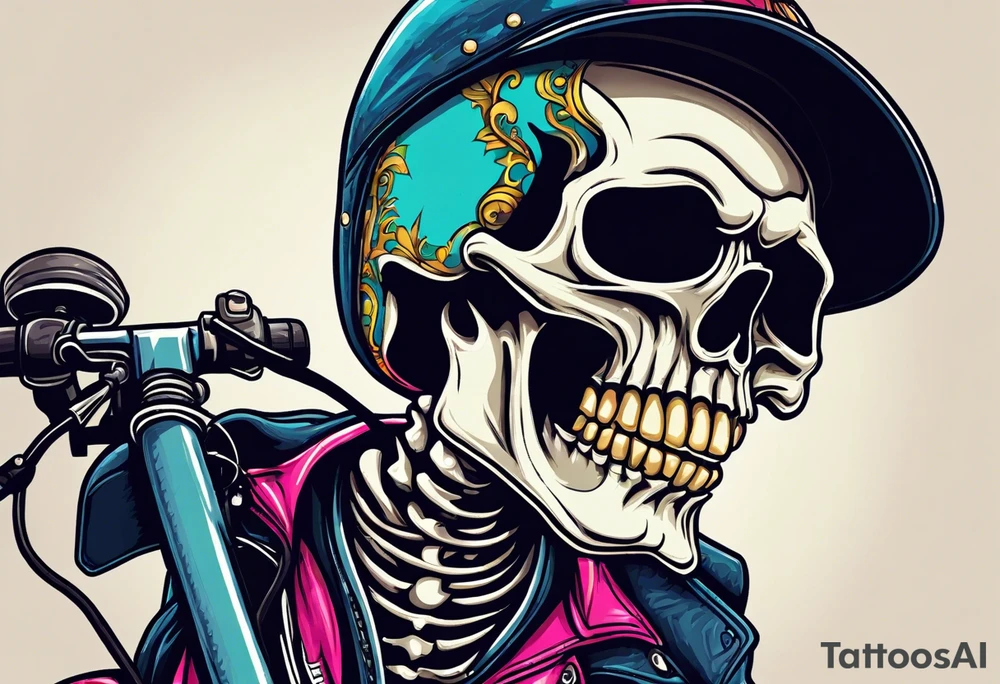 skeleton wearing 80s style licra and cap rides a road racing bicycle. The skeleton is grinning at the viewer. There is no background image tattoo idea