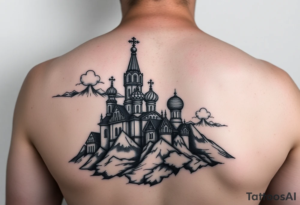 russian orthodox christian left arm tattoo with st basils cathederal in a mountainous setting with clouds tattoo idea