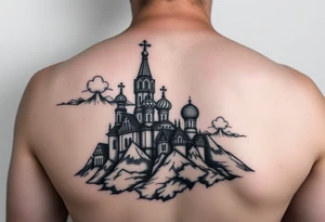 russian orthodox christian left arm tattoo with st basils cathederal in a mountainous setting with clouds tattoo idea