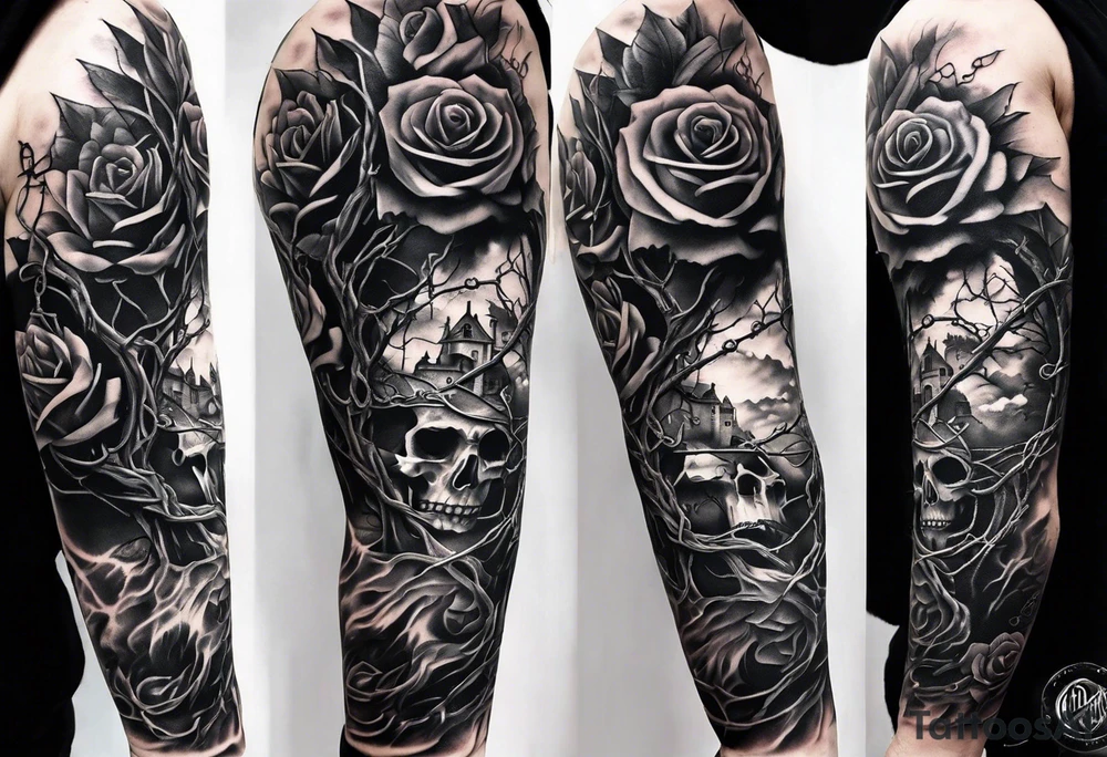 tattoo fool sleeve, destroyed dark gothic castle, tree roots break out of the chains, broken mask, roses tattoo idea