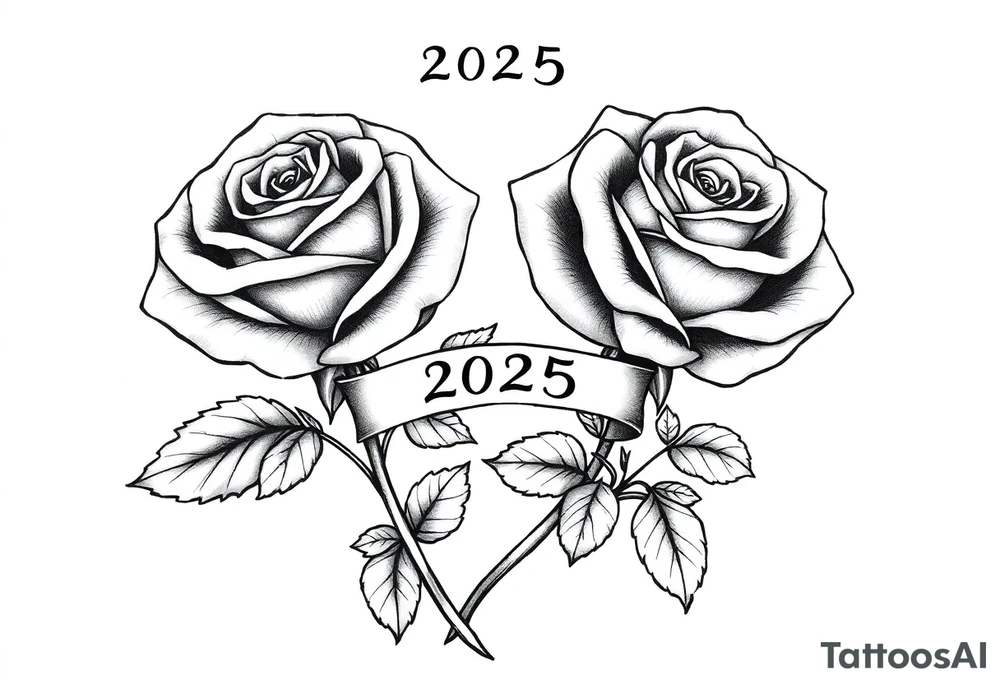 two beautiful rose buds, side by side, with many leaves and their stems intertwined, representing two people in love. Include a banner connecting the two roses with "2025" on it.  The word "Rose" written in Kanji above the drawing.  Dark outlines tattoo idea