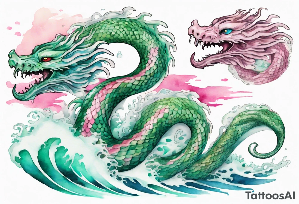 a gentle green-eyed Falkor sea-serpent hybrid with turquoise and pink scales emerging from the waves tattoo idea