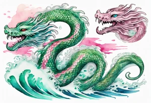 a gentle green-eyed Falkor sea-serpent hybrid with turquoise and pink scales emerging from the waves tattoo idea