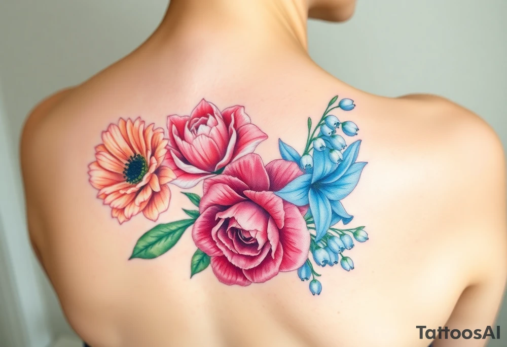 Bouquet of flowers with a carnation, rose, Lily of the valley, delphinium with stems Starting upper middle back to right shoulder tattoo idea