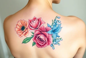 Bouquet of flowers with a carnation, rose, Lily of the valley, delphinium with stems Starting upper middle back to right shoulder tattoo idea