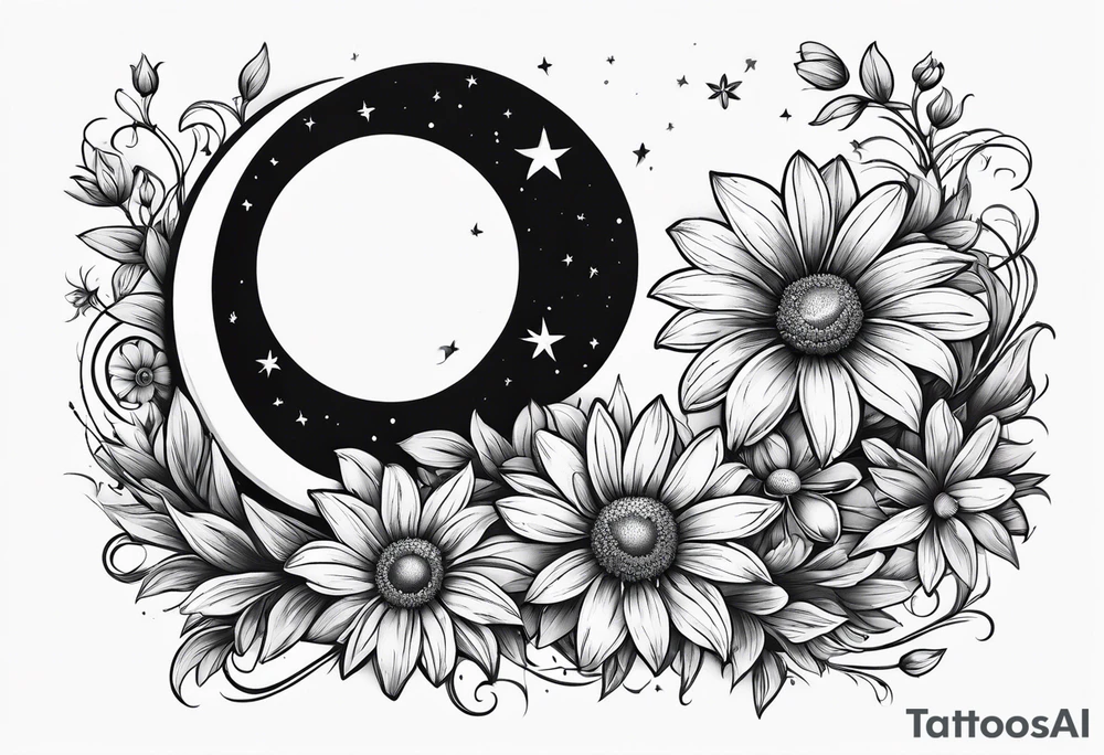 Crescent moon shrouded by beautiful daisies tattoo idea