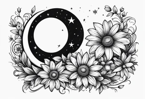 Crescent moon shrouded by beautiful daisies tattoo idea