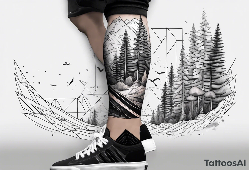 Forest ocean geometric male leg sleeve tattoo idea