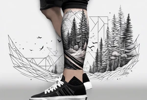 Forest ocean geometric male leg sleeve tattoo idea