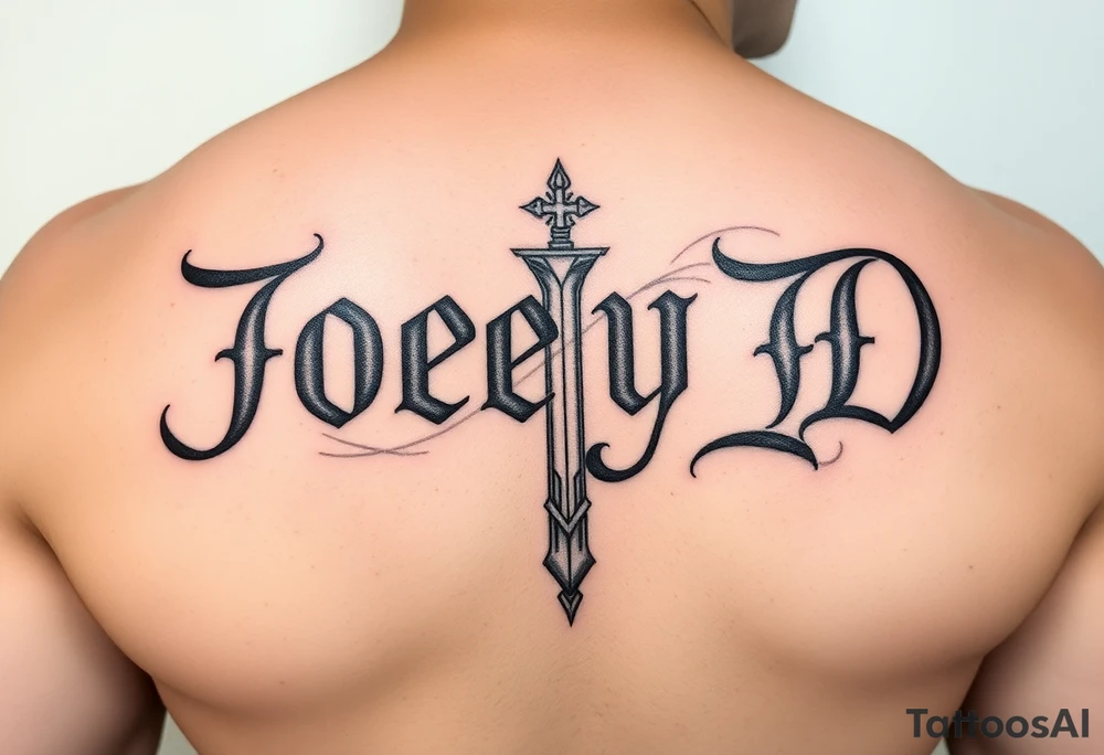 The words Joey D written with a large scale Roman style letter J tattoo idea