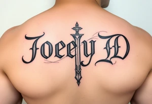 The words Joey D written with a large scale Roman style letter J tattoo idea