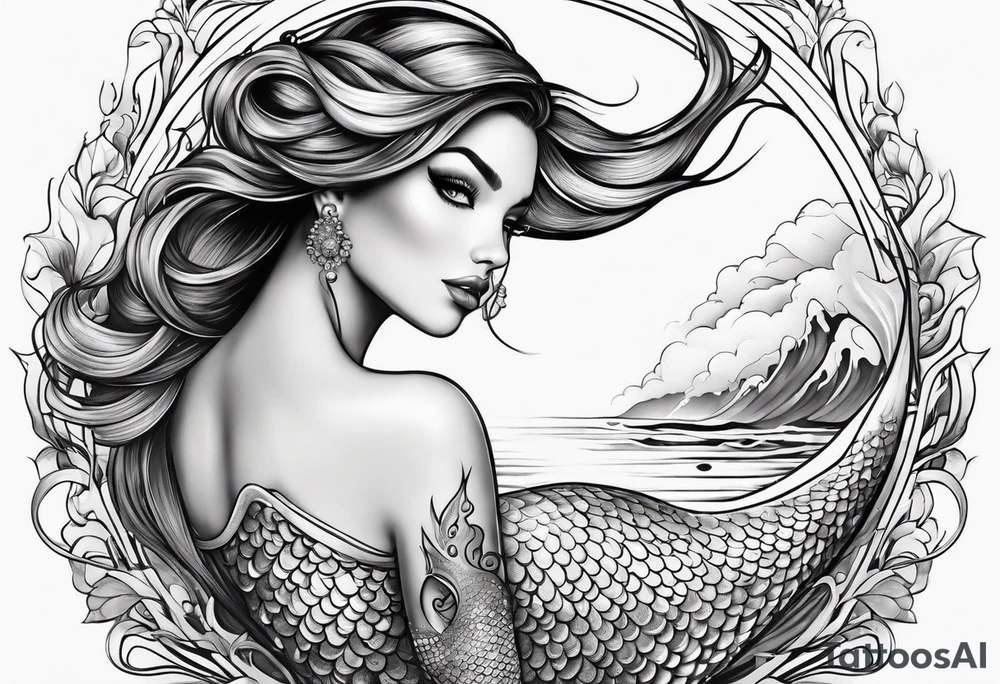 sexy full bodied mermaid with long 
flowing tail and hair, tattoo sleeve tattoo idea