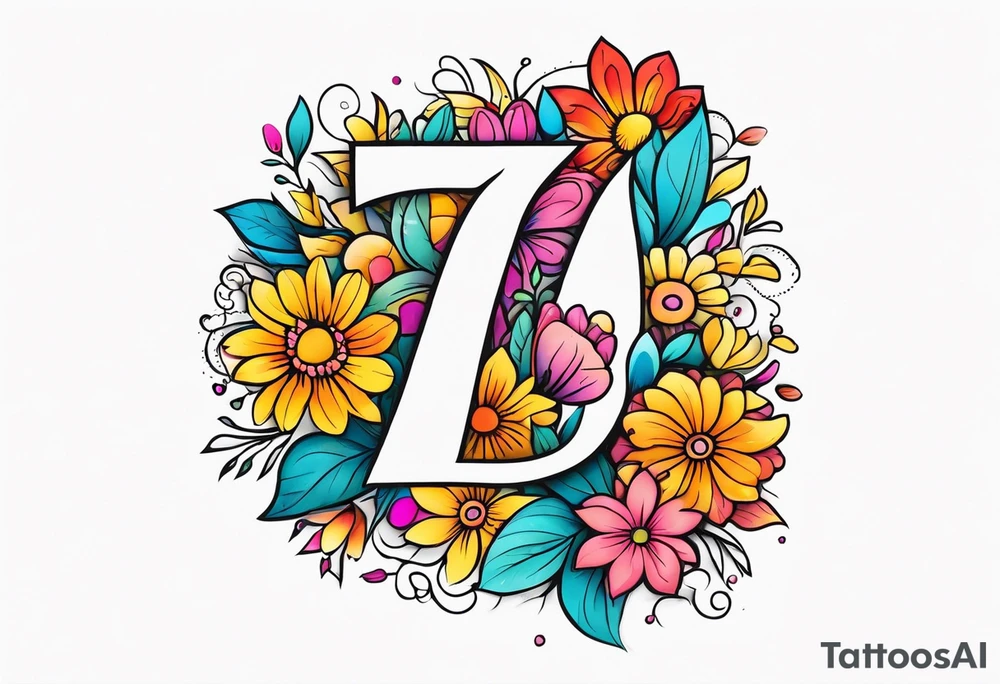 The number seven surrounded by colorful flowers tattoo idea