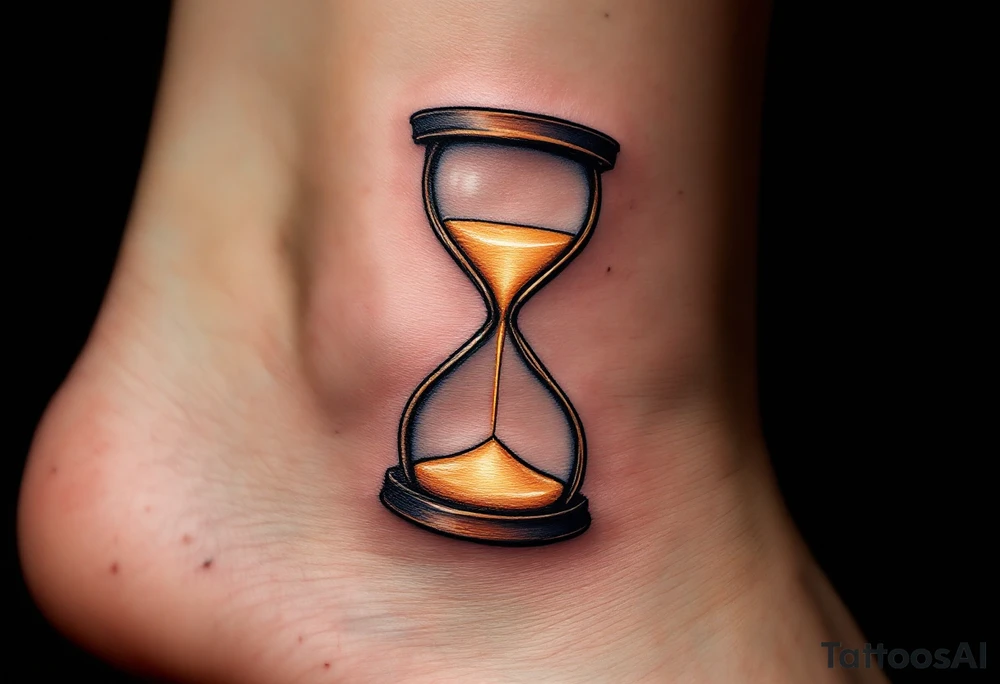 A candlelit hourglass, with melted wax forming numbers, glowing warmly against a dark background. tattoo idea