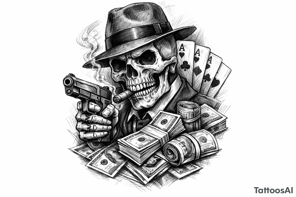 skull with gangster-hat,cigar in his mouth,a gun in a hand,playing cards,a lot of money. tattoo idea