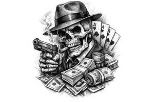 skull with gangster-hat,cigar in his mouth,a gun in a hand,playing cards,a lot of money. tattoo idea
