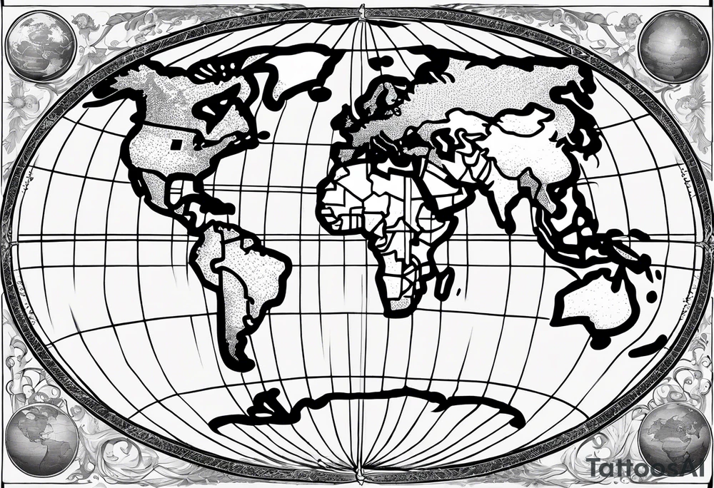 the earth on a flat map with no shading placed on a grid with only the lines with accurate depictions of the borders in countries while having it in an oval/circular position on a grid without any borders on the sides while having the countries not have such bold borders tattoo idea