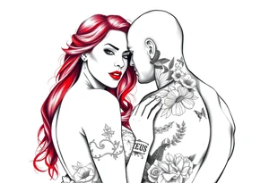 Woman with long red hair and red lipstick with lots of tattoos with  a bald muscular white man with tattoos getting married tattoo idea