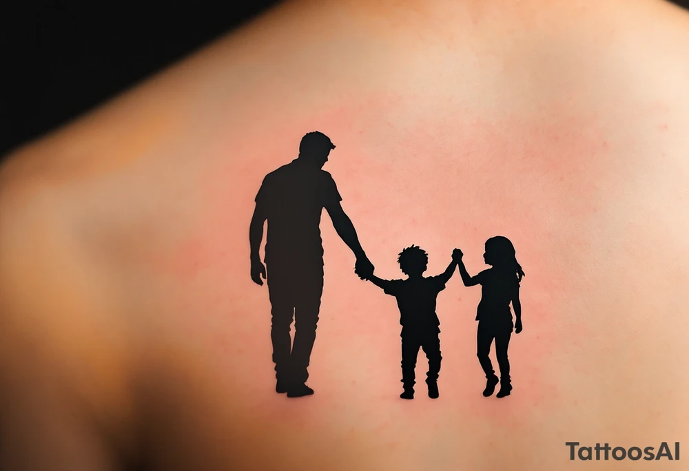 A silhouette of a father holding hands with two children at sunset, shaded in black with a soft orange and pink background. tattoo idea